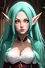 Placeholder: Elf woman with long mint green hair, soft pink eyes, dressed like medieval royalty