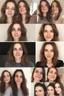 Placeholder: A selfie of a brunette woman, middle short hair, showing a 27-year-old European woman. She has white skin, tousled brown hair, face without makeup, big round dark brown eyes, cute profiled nose, detailed full lips, skin texture. Split screen and show the same face but 10 years older