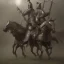 Placeholder: Medieval cavalry. Warriors. Leather armor. Black. Sharp details. Roar. Fast galloping.