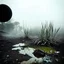 Placeholder: A striking quality Kodak photograph captures a wasteland with liquid and a group of plants, creepy, details of the dust very accentuated, glossy organic mass, adorned with minerals and rocks. Bathed in intense light, eerie, Max Ernst style, black sun, fog