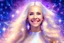 Placeholder: very beautiful cosmic women with white long hair, smiling, with cosmic dress and bright earings. in the background there is a bautiful sky with stars and light beam