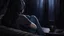 Placeholder: dark 3d anime style, close up in the foreground back to the camera a woman sitting on sofa with her knees pulled to her chest.. in comfortable t-shirt and jeans clothes.. her is normal body not too thin,,Her face is not visible at all. She long dark hair partially covering the side of her head. a headphones on her head and near a table with one mug and a mobilphone on table, heavy dark courtains covers window suggesting to shut out the outside world. She is facing the window,