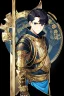 Placeholder: A handsome 30 year old knight, black hair, dark blue eyes, male bob haircut, in black-and-gold plate armor, no beard, european, portrait