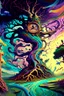 Placeholder: A digital painting of a grotesque, surreal landscape, embodying the chaos of the subconscious showing a distorted clock and shaped trees with twisted roots float above a ground with colorful waves and swirls. This landscape is like a dream world. Use exaggerated proportions, and a digital brush texture of oil paint.