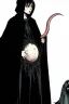 Placeholder: 7 year old boy, necromancer, friendly, looks dead,with a long lamprey emerging from his belly , wearing black robes, with the lower body of a ghost in the style of Harry Clarke