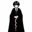 Placeholder: 7 year old boy, necromancer, friendly, with a long lamprey emerging from his belly , wearing black robes, in the style of Harry Clarke