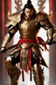 Placeholder: Realistic photography,front view, Handsome Warrior super model Chinese man,dressing armor warframe,long brown hair, looking at viewer,traditional dress ornaments mechanical armor china traditional, intricate armor, delicate golden shine bright, black metalic parts, detailed part, jewelry diamonds,dynamic pose,abstrac background, dynamic lighting, red hour, full body portrait