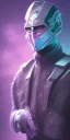 Placeholder: purple galaxy masked super villain, weapons in hands, teal and purple smoke, full portrait, hyper realistic, 4k