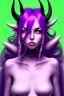 Placeholder: cute purple haired devil girl with bright green eyes and black horns on her head wearing a purple/pink dress