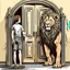 Placeholder: A young man enters a door and from the other side comes a lion