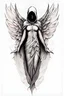 Placeholder: minimalist tattoo. Enhanced shading, Bold and dynamic, design on a white background, "The image shows a drawing of a figure with large, detailed wings that are spread out into a mountain. The figure wears a drapery that wraps around her body. The character's head is not visible; she is hooded, giving an anonymous or mystical appearance. The wings are detailed and feathered, extending upwards and outwards from the figure's back. The drawing is monochromatic, using shades of black and white to cre