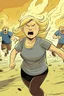 Placeholder: an obese terrified blonde woman running away from an angry mob