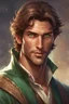 Placeholder: handsome thirty-year-old sorcerer, with tanned skin, brown hair and green eyes, with a kind face