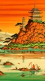 Placeholder: An orange colored marshland near an iron fortress painted by Utagawa Hiroshige