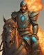 Placeholder: An iranian commander with flaming eyes with flaming light blue pupils with stubble An armor made of a mixture of steel and leather, worn by a strong commander with magical power stands atop a squire