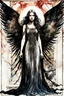 Placeholder: create a deeply evocative, and darkly magical full body ink wash and watercolor illustration of an epic fantasy raven crone with highly detailed and deeply cut facial features, large outstretched wings, body covered in feathers, in the style of EDWARD BURNE-JONES, WILLIAM MORRIS, and KATHE KOLLWITZ combined with the comic art style of BILL SIENKIEWICZ and JEAN GIRAUD MOEBIUS, searing lines and forceful strokes, precisely drawn, inked, and richly colored