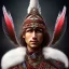 Placeholder: tribal shaman warrior, three red feathers headband, holding spear