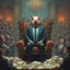 Placeholder: rich pig in suit on a throne making stacks of money by making a deal with a buisnessman. background of musicians. beksinski style