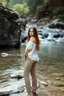 Placeholder: very beautiful lady with pant and blouse looking to camera,upper body close up in beautiful nature with river with clean water and floor with nice rocks
