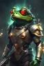 Placeholder: Frog Green Soldier Portrait Glow big red eye Gold Armor warrior Robotic lightning Gun Silver Smoke Dust 16k details epic rare future water nice weapon dark