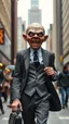 Placeholder: A mean man with suite carrying a business bag walking in the new York street , his head is an old scary doll ,