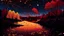 Placeholder: River, trees with golden and red leaves, autumn, a beautiful night sky, visible galaxies, river of blood, comic style
