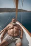 Placeholder: close aerial photography of a burly chubby muscular turkish fisherman happy sunbathing lying down on the large bow of a yachtin open sea, manly armpits, manly chest, hairy chest, ugly, 52 years old, curly beard, bullneck, short bulging ripped pants, muscular, emotive eyes, photorealistic, 35mm lens, Canon EOS, 8k , view from the ground