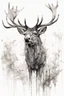 Placeholder: black and white sketch of a stag, ink drawing, woodland, white background, drawing by Carne Griffiths