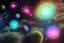 Placeholder: cosmos, metallic sky stars, sky blue light, light, green moons with neon rings, 8k resolution, detail