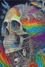 Placeholder: A crackled old painting entitled "Shaking the ghost out of the machine"; a skeleton with ghostly double rainbow made of mixed media such as feathers, foliage, flowers, and gemstones emerging from a giant crack at the top of the skull; surreal, quilling, optical art, award-winning, masterpiece, Intricate, provocative, psychedelic, Magnificent.