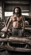 Placeholder: photography of a dirty burly chubby gipsy manly man serious repairing a car, , 41 years old, beefy, ugly , dirty curly hair, sweat, tattoo, with completely broken cotton pants, bulge, beard , angry eyes, bare-chested, huge belly, in industrial area, photorealistic, side light, view angle from low , ambient occlusion