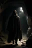 Placeholder: a man in the Middle Ages in a long cloak and hood walks through a dark cave with his back to us