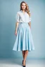 Placeholder: full body of very beautiful lady midi light blue skirt and bluse , Braided hair ,standing idle happy pose in studio pretty makeup