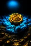 Placeholder: A neon blue and gold rose in the middle of a large barren wilderness in modern art style