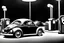 Placeholder: Digital Photo, 1950s, perfect perspective, night scene, a black Volkswagen beetle in front of a gas station pump, hyper realistic, hyper detailed, intricated, Frank Lloyd Wright