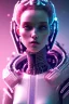 Placeholder: cyberpunk, head, robot, portrai, alone, high key lighting, volumetric light high details with white stripes and blue eye, smiling with plump pink lips, unreal engine petit prince belle fine, profil de trois quart, cristalline