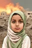 Placeholder: close young palestinian girl with a kuffeah. Large clouds of smoke rise from the land of gaza . With demolished buildings in the background. with sunset colors Made in the palestinian style