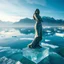 Placeholder: in a frozen sea with pretty mountains a full lady statue in artist pose standing over a ice block looking at camera, of clear glass like ice that going to melt and water drops fall from all body.