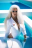 Placeholder: pretty woman, 25 years old, white long haired, nice body, big bubs, pretty legs and feets, wearing a white coverall, pool background.