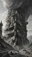 Placeholder: surrounded by clouds, the mountain cliff face climbs up and disappears into the mist. the fog settles over the valley and off to the sides, creating a sense of height and mystery