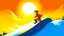 Placeholder: fantasy cartoon style illustration: a little boy on a sled down a snowy hill. Sun is shining high in the sky