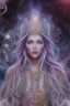 Placeholder: Create an image of a cosmic Goddess. The goddess should be depicted as a beautiful and powerful figure, surrounded by cosmic stars. Her hair should be long, blond and flowing, and she should be dressed in a flowing gown blue celestial robe. In the background, include imagery of pink flowers, blue sky,trees. The image should evoke a sense of joy, celebration, and spiritual connection to nature.