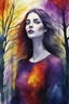 Placeholder: A beautiful young woman in dark red and purple and yellow trees and dark green and dark blue colors only, thin lines draw style , Busch painting style nightmare with sunshine in the middle, watercolors splash