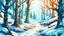 Placeholder: fantasy cartoon style illustration: forest path in winter with snow