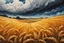 Placeholder: Create an abstract landscape painting of golden stems of wheat with the backdrop of a cloudy sky. Multiple vivid alcohol ink splashes and streams Modifiers: elegant intricate beautiful high detail fantastic view high definition James Jean Dark background Mark Ryden style very high definition dramatic composition glossy deep emboss