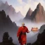 Placeholder: Portrait of a monk, red sash, mountain background, fog, distant temple, face front, grim, Frank Frazetta, Greg Rutkowski, hyperdetailed, dnd, trending on Artstation, Splash screen art, dynamic lighting, hyperdetailed, intricately detailed, a masterpiece, 8k resolution, high contrast, bearded,