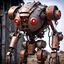 Placeholder: trash mech suit, human-sized, made of scrap metal, small, cockpit, light rust, round, one red glowing eye, loose wires