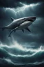 Placeholder: scary shark in the sea, dark night, thunder and lightnings, leicter city symbols