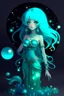 Placeholder: A beautiful girl with glowing starry eyes. And with turquoise hair decorated. And full body. Holds 10 glowing glass beads with a moon inside