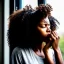 Placeholder: Crying girl, sad, expressive, emotive, frowning, furrowed eyebrows, pouting lips, African American, curly hair, looking out rainy window,